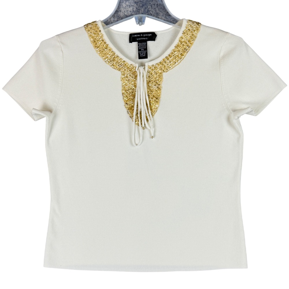 Cable & Gauge Women PS Petite Small Ivory Knit Top Gold Sequin Lace Up Boho Chic